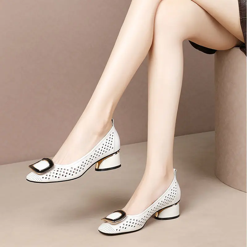 Shoes for Woman 2023 Office Square Toe Women\'s Summer Footwear with Medium Heels Normal Leather Casual White Sandals on Sale A E