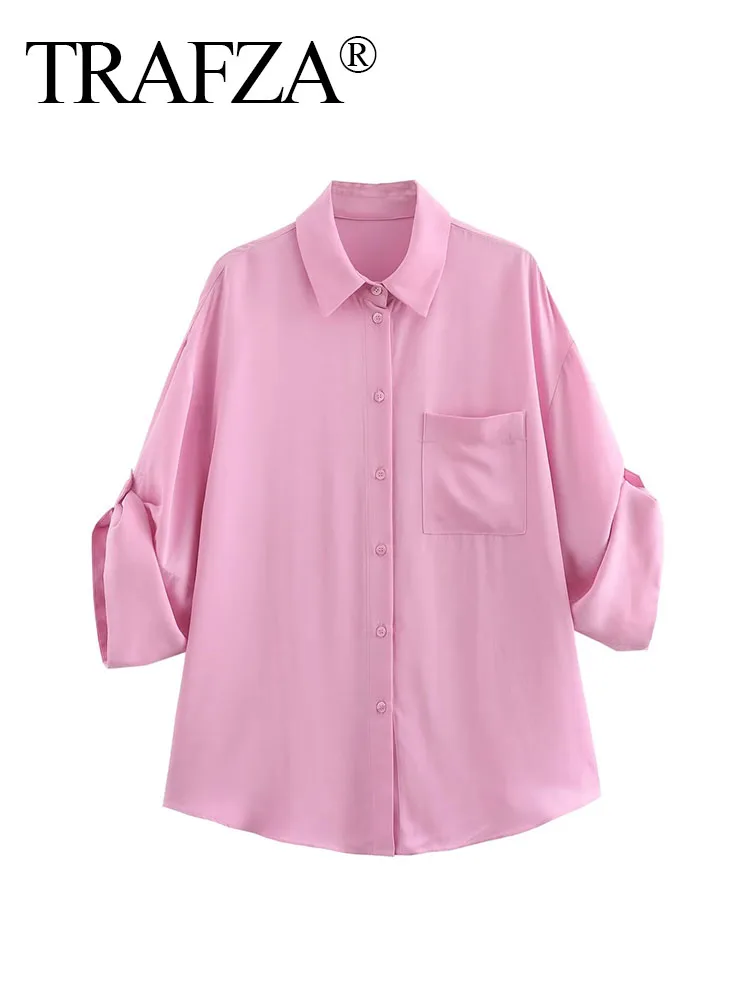 

TRAFZA Summer Chic Blouse Woman Trendy Pink Turn Down Coller Half Sleeves Pocket Single Breasted Female Casual Loose Shirts
