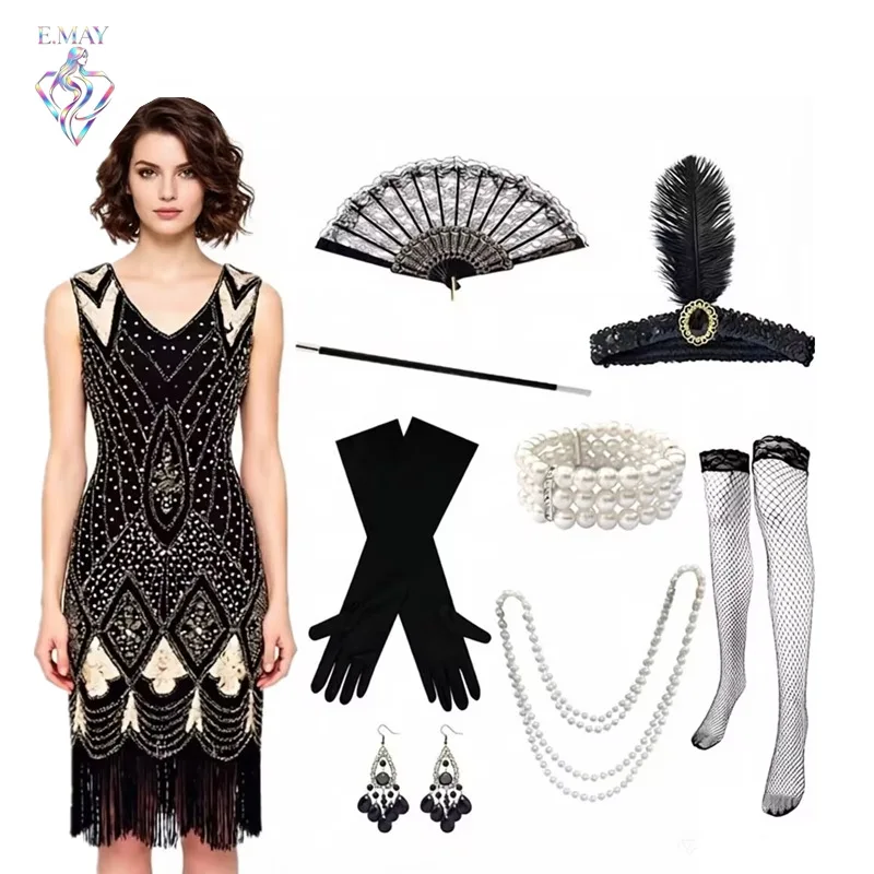 Vestido Flapper para Mujer, Estilo Vintage de los Años 20, con Flecos y Lentejuelas, Vestido de Cosplay de Great Gatsby, Conjunto de Disfraces para Fiesta de Halloween o Navidad