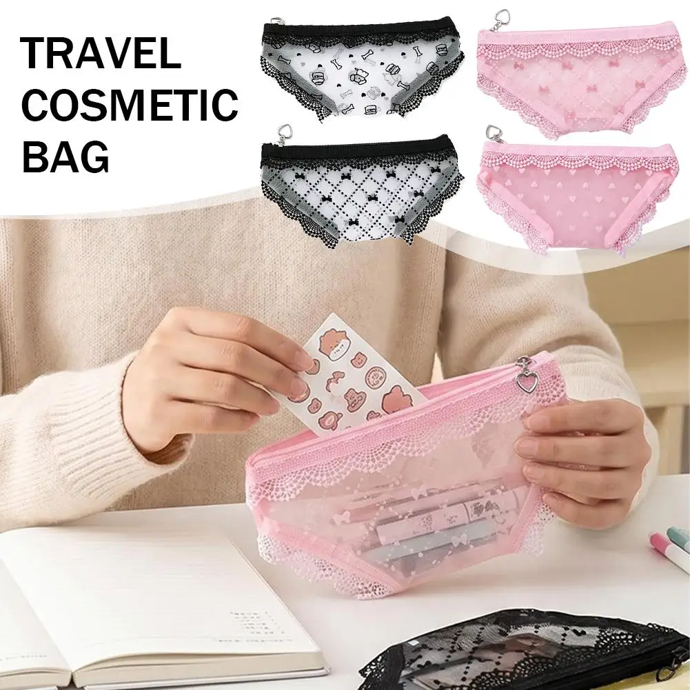 Korean Style Briefs Creative Shape Cosmetic Bag Lace Trim Decorative Triangle Makeup Bag Mesh Storage Pouch Prank costume Gift