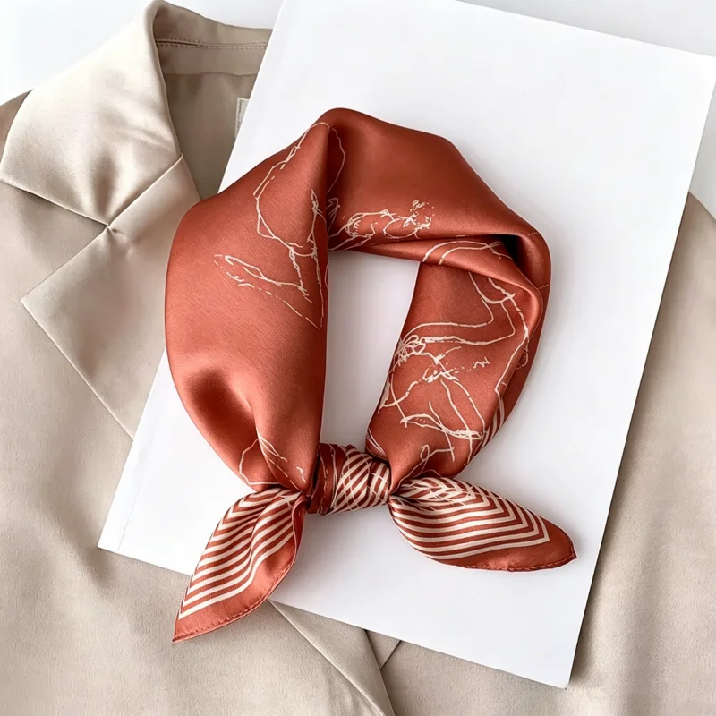 sketch-art-square-silk-scarf-women-53cm-caramel-orange-satin-neckerchief-versatile-neck-headband-bag-accessory-for-daily-office