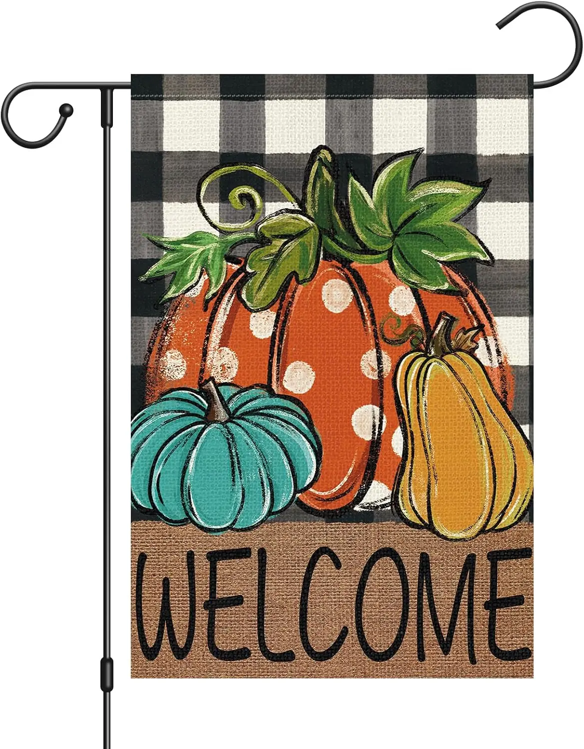 Welcome Fall Garden Flag 12x18 Inch Double Sided, Burlap Buffalo Plaid Pumpkin Garden Flag Thanksgiving Harvest Holiday Yard Out