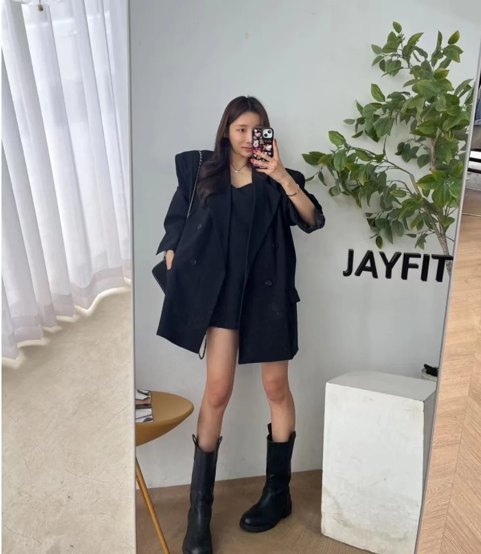 Women's Spring Summer Retro Casual Blazer Camisole Set Commuter Solid Color Loose Double-breasted Suit Camisole Two-piece Sets