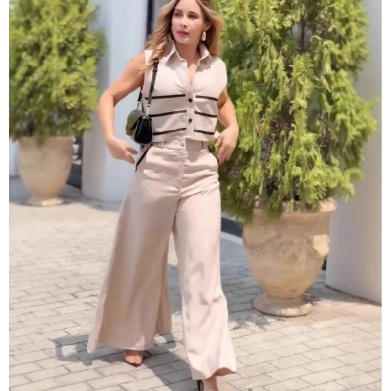 

Модный полосатый топ и широкие брюки, комплект из двух предметов с воротником-элементом, весенняя коллекция из полиэстера на пуговицах