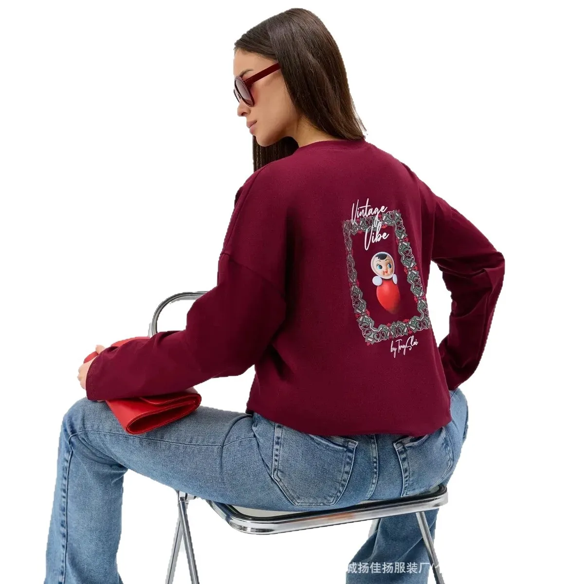 Wine Red Slavic Retro Aesthetic Long‑Sleeve Tee 100% Cotton Crew Neck Oversized T‑Shirt Russian Roly‑Poly Toy Cute Cartoon Tops