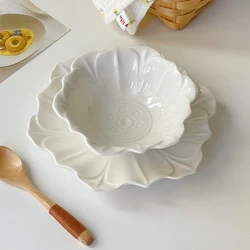 Retro Relief Dessert Bowl Decoration Japanese Solid Color Lotus Leaf Bowl Ceramic Bowl Home Breakfast Dishes Tableware Supplies