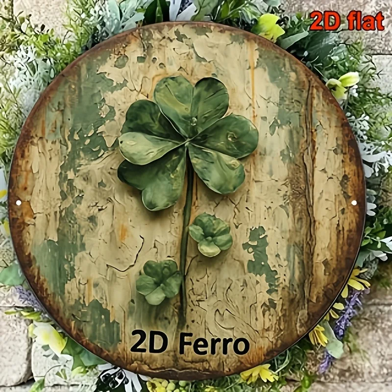 2D Flat, 1pc Vintage Four-Leaf Clover Lucky Charm Metal Wall Plaque - Irish Good Luck Decor with Vintage Beige & Green Circular