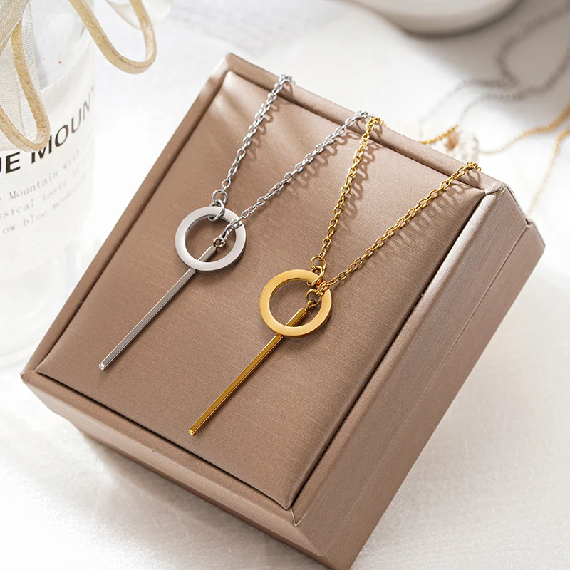Huitan Minimalist Silver Color Circle Bar Y Stainless Steel Pendant Necklace for Women Vertical Stick Versatile Party Jewelry