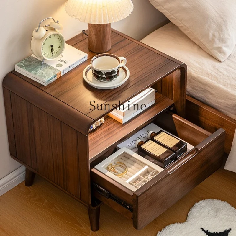 

Nordic black walnut bedside table touch-sensitive night light simple all-solid wood locker