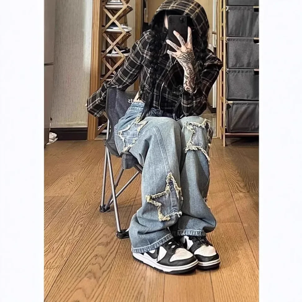 

Прямые широкие джинсы с вышивкой американской звезды, женские утягивающие брюки со средней талией, модные модные длинные брюки