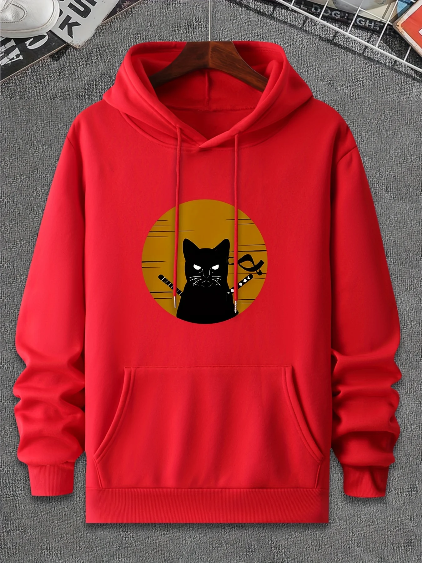

Мужская повседневная толстовка с капюшоном и карманами, обычная посадка, геометрический дизайн кота, активный пуловер, толстовка с капюшоном, уличная одежда Y2K
