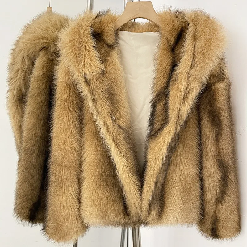 2026 Streetwear Faux Fur Coat Women's Winter Short Fox Fur Jacket Hooded Thicken Striped Double-faced Furs Female Loose Overcoat