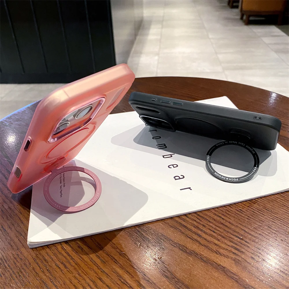 For Magsafe Fold Bracket Rotating Stand Magnetic Phone Case For iPhone 16 17 Pro Max Solid Color Matte Frosted Translucent Cover