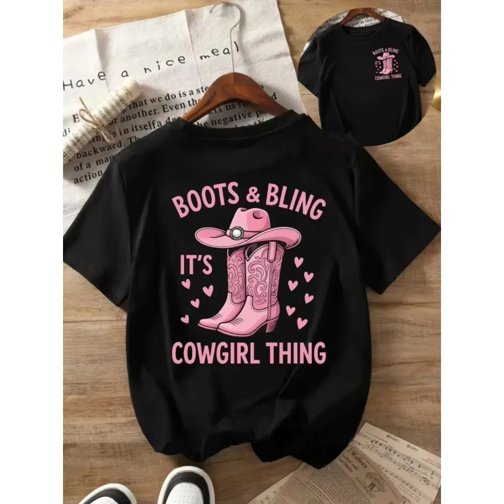 Boots & Bling Cowgirl Print Women T-shirt Crew Neck Short Sleeve Western Graphic Tee Ideal for Summer Casual Daily Street Outfit