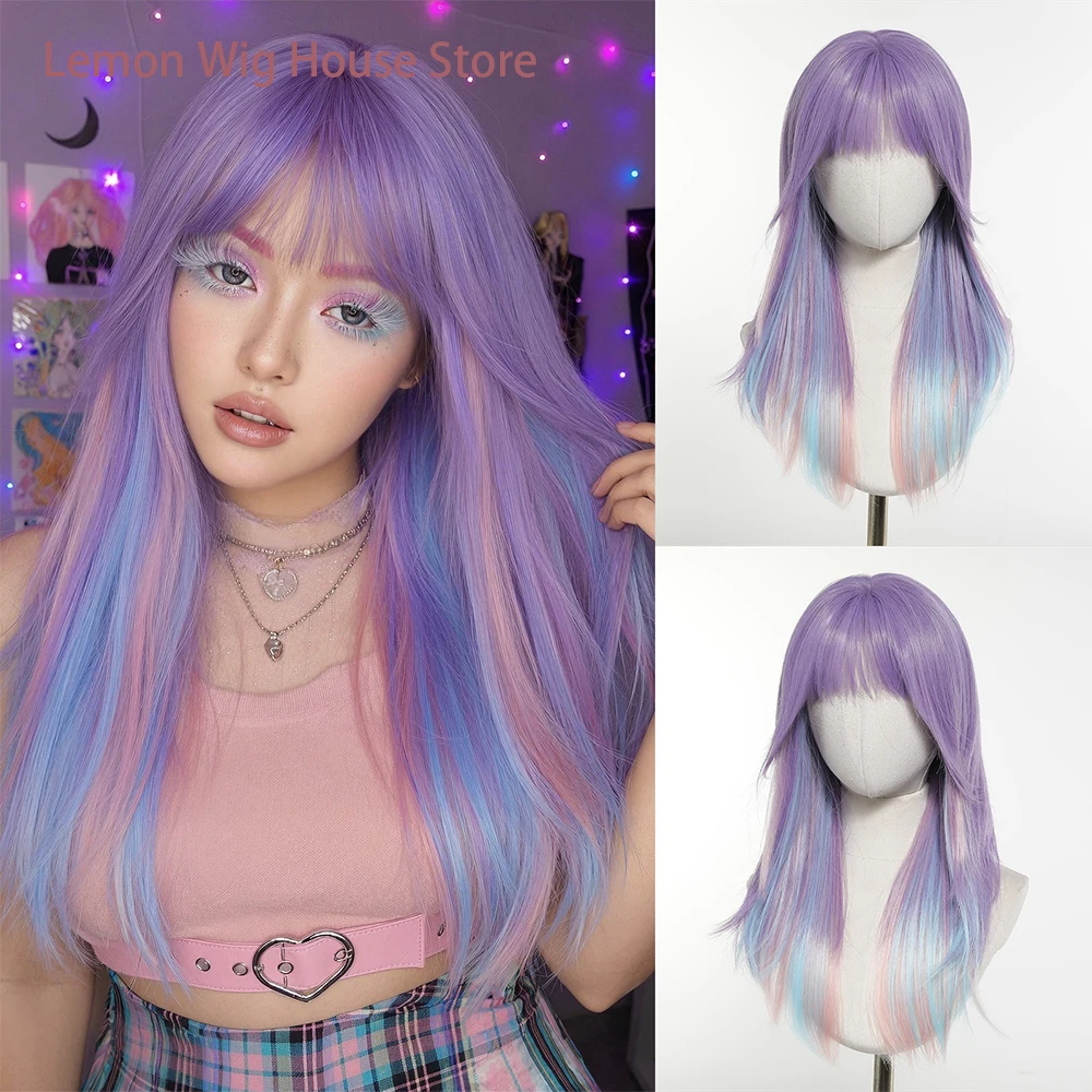 Long Straight Lavender Purple Pink Blue Wig with Bangs Synthetic Lolita Cosplay Wig for Women Girls Halloween Party Kawaii Wigs