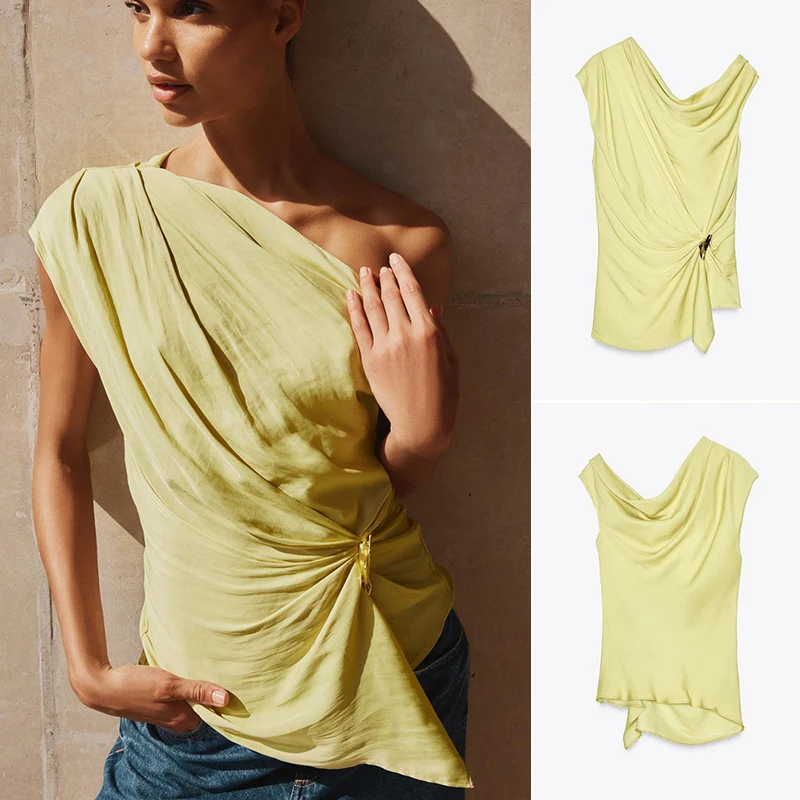 

Summer New Women's Silk Satin Folded Decoration Asymmetrical Collar Svel Top Straight Tube Commute Sle UV Protection