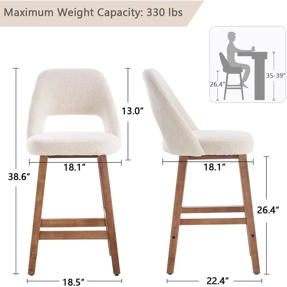 Set of 2 Upholstered Counter Height Bar Stools with Backrest, Beige Fabric, Wooden Legs