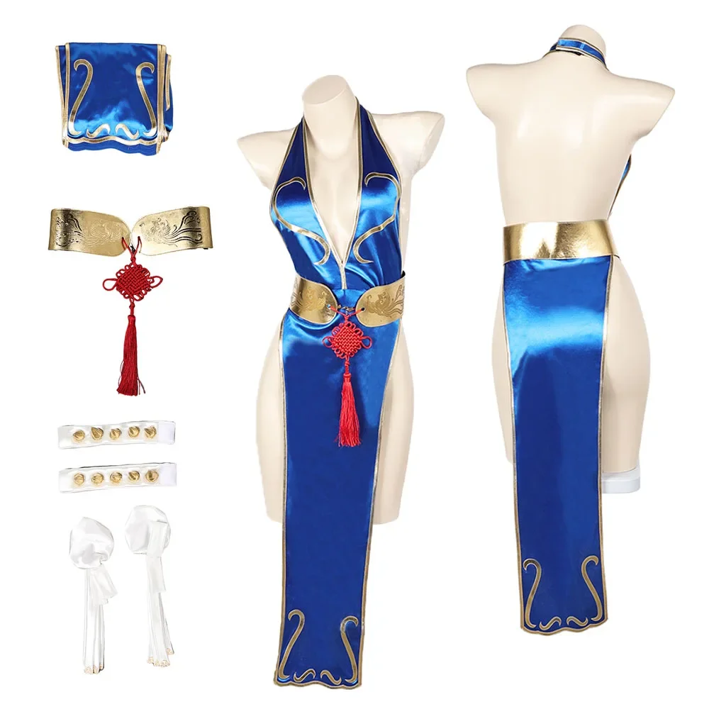 

Game SF 6 Chun Li Cosplay Sexy Blue Cheongsam Costume Adult Female Fantasia Role Play Jumpsuit Halloween Carnival Disguise Suit