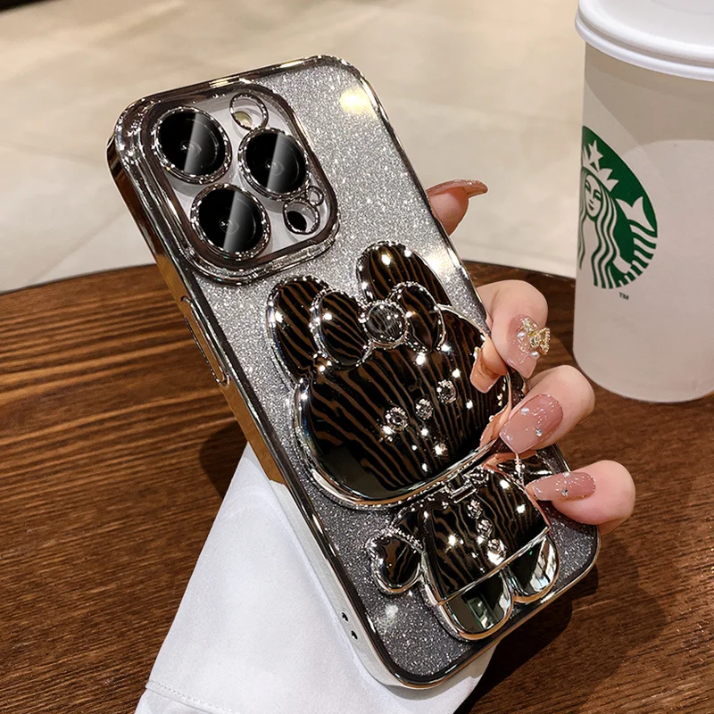 Caso luxuoso do telefone do chapeamento do gradiente do brilho, suporte do coelho dos desenhos animados, tampa de Bling para o iPhone 14, 13, 12, 11 Pro Max, X, Xs, XR, 7, 8 mais, SE2