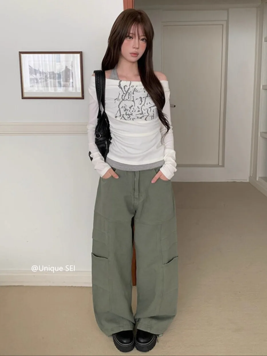 韓国風オフショルダープリントフェイクツーピース長袖Tシャツ女性用秋スパイシーガールスリムフィットカジュアルY2kトップ