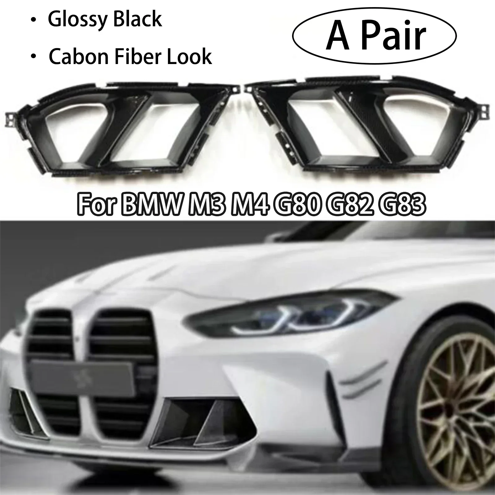 

Front Bumper Side Air Vent Cover For BMW G80 M3 G82 G83 M4 2021-2024 Car Fog Cover Decorative Carbon Fiber Look Glossy Black