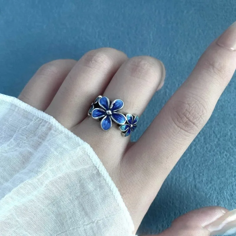 Enamel Flower Ring Adjustable Opening Bohemian Style Fringer Jewelry For Women Vintage Bridal Party Minimalist Statement Rings
