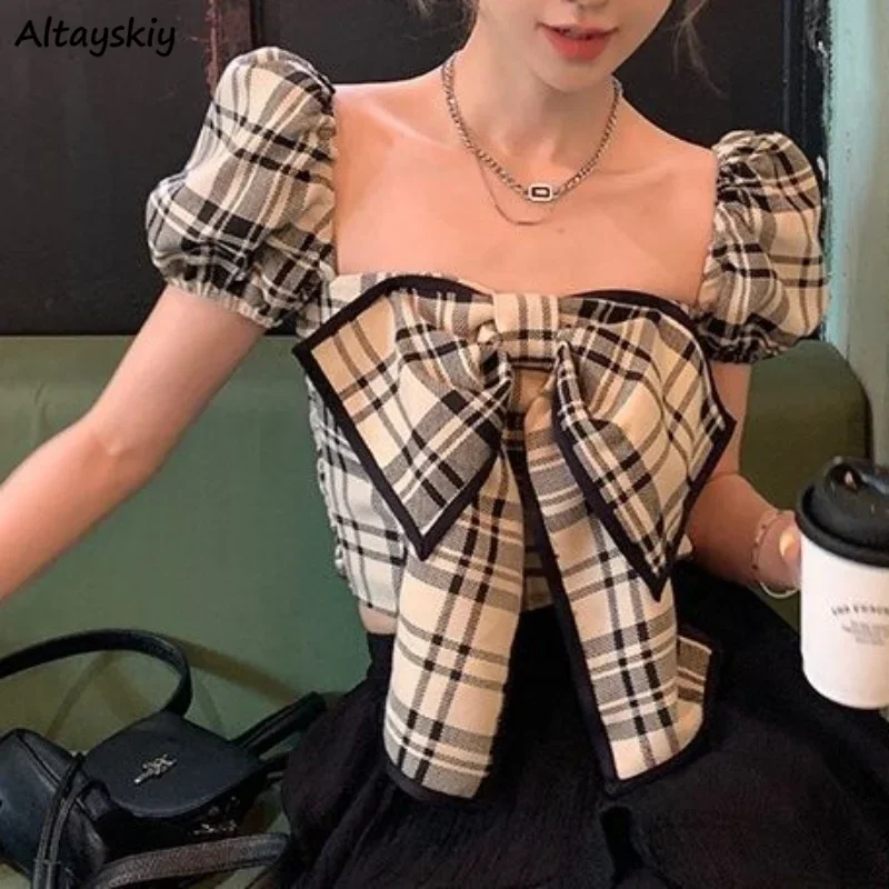 

Plaid Blouses Women Y2k Summer Cute Bow Design Vintage Crop Tops College Blusas Mujer Puff Sleeve Slim Fashion Korean Basic Club