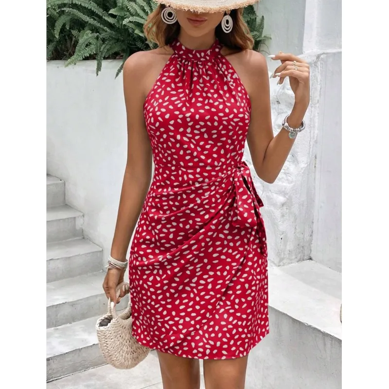 Women Holiday Beach Party Mini Dress Halter Floral Print Sleeveless Lace Up Slim Sexy Elegant Vacation Sexy Casual Dresses Boho