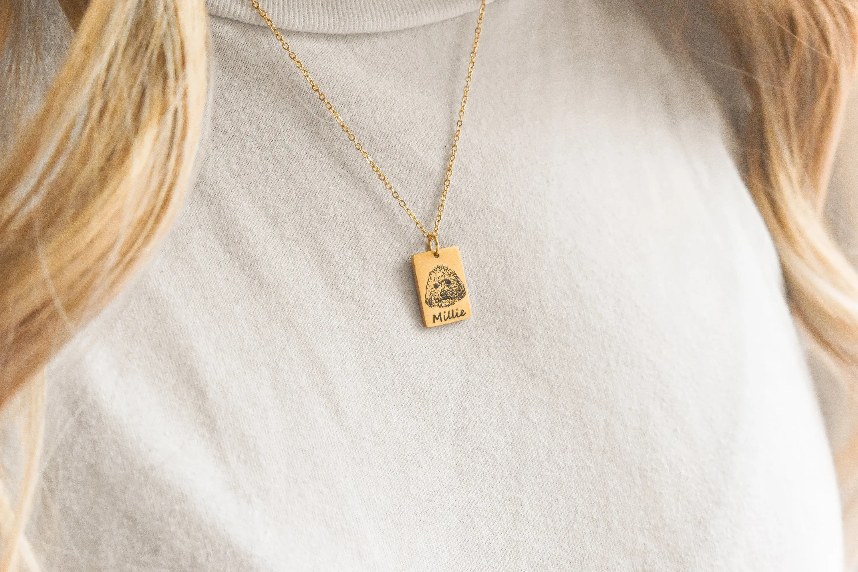Personalized Multiple Pet Portrait Name Necklace Custom Engraved Rectangle Pendant Necklace Gold Plated  Jewelry for Pet Lovers