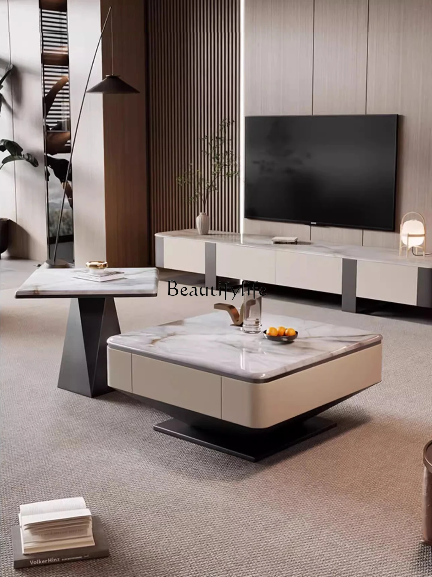 

Natural marble coffee table simple light luxury household small apartment square tea table