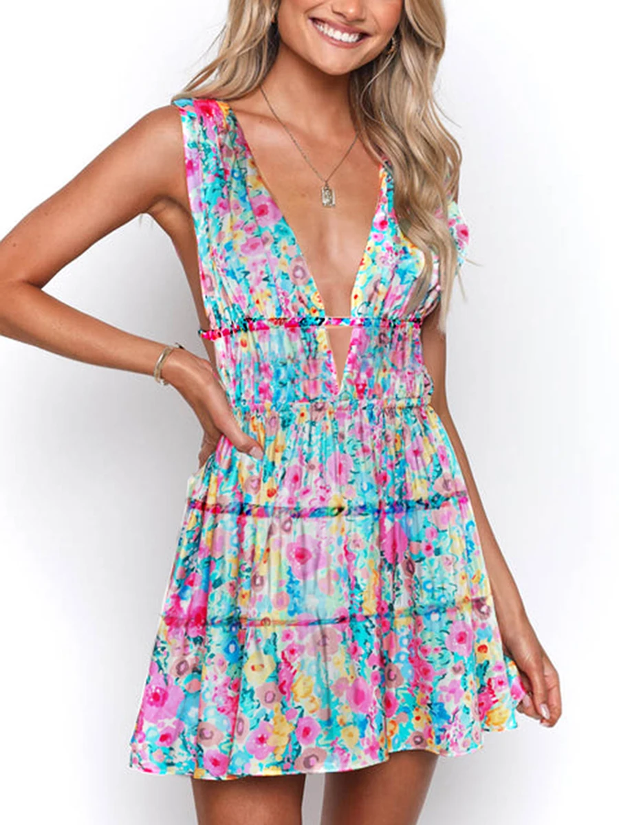 

Women Y2K Floral Mini Dresses Deep V-Neck Sleeveless Low Cut Cutout Backless Dress Summer Club Party A-Line Sundress