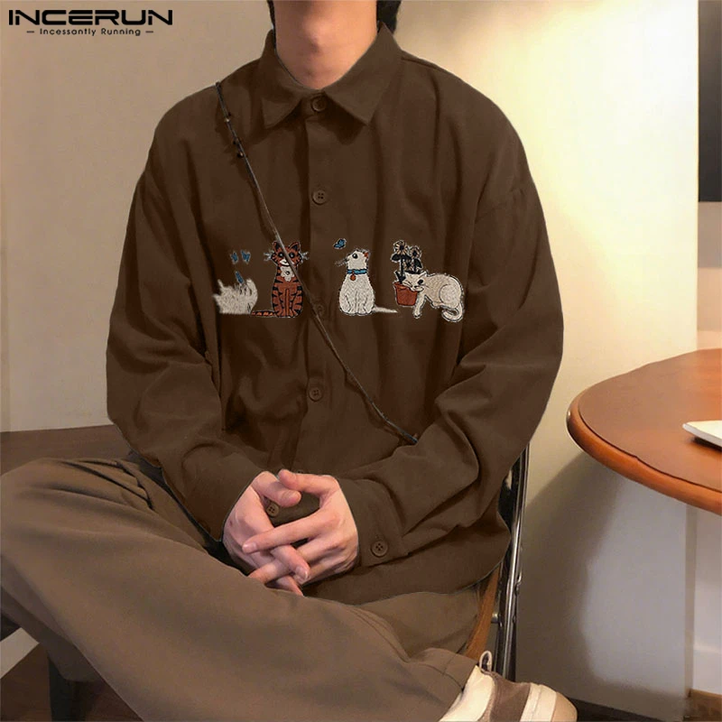 

INCERUN Мужская рубашка с вышитыми лацканами и длинными рукавами, корейский стиль, мужская одежда, уличная одежда, свободная мода 2025 года, повседневные мужские рубашки, топы