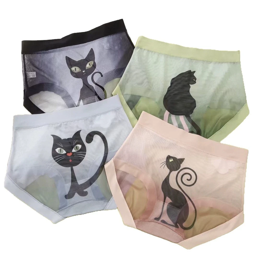 4PCS/Lot  Women Underwears Thin Transparent Micro-Perforated Net Fabric Cartoon Cat Print Panties Sets Lady's Underpants
