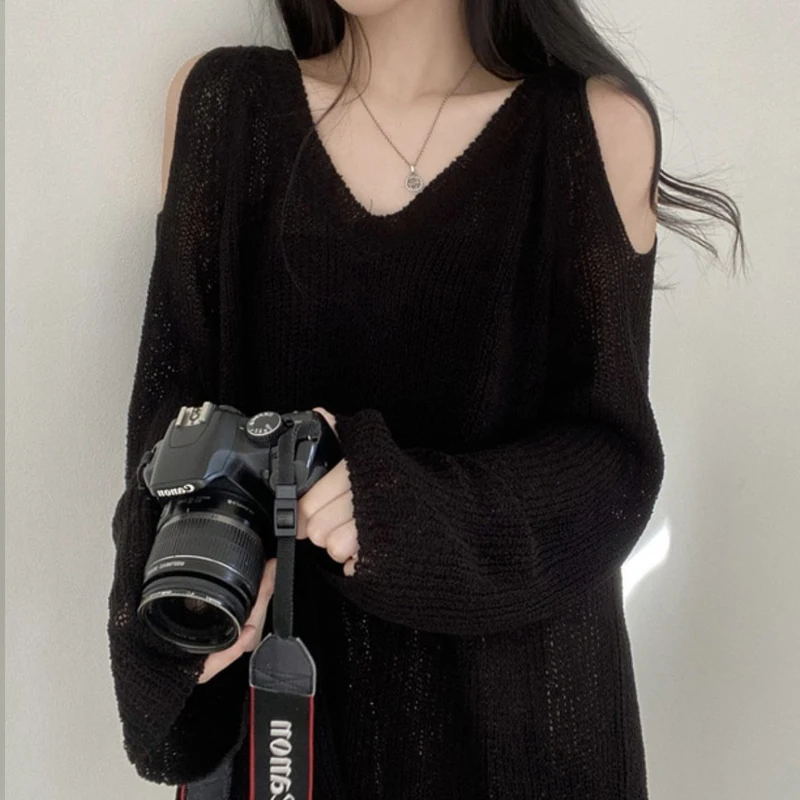 Spring Summer New Knitting Pullovers Women V-neck Fashion Long Sleeve Solid Color Tops Off Shoulder Hollow Out Female Clothing