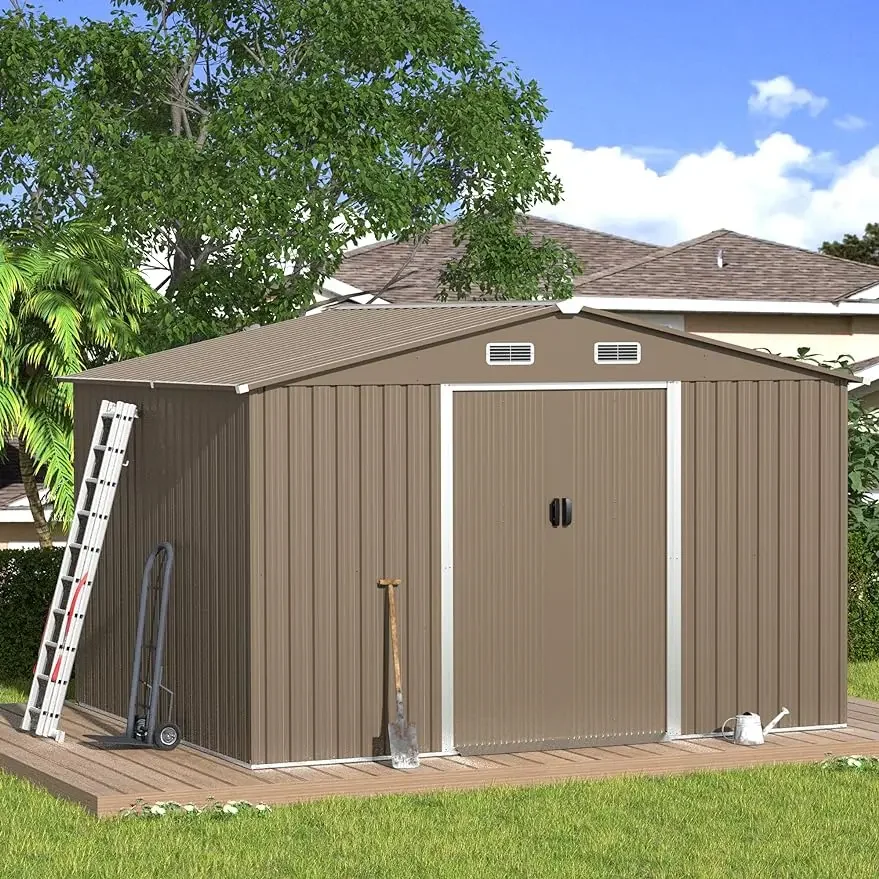 10X8 Outdoor Storage, Metal Shed Kit with Double Doorknobs and Air Vents Waterproof Sheds Cabinet for Patio and Outside Storage