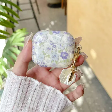 Etui na słodką dziewczynę z fioletowymi kwiatami i perłową muszlą do AirPods 1 lub 2 3 4 AirPods Pro Pro 2
