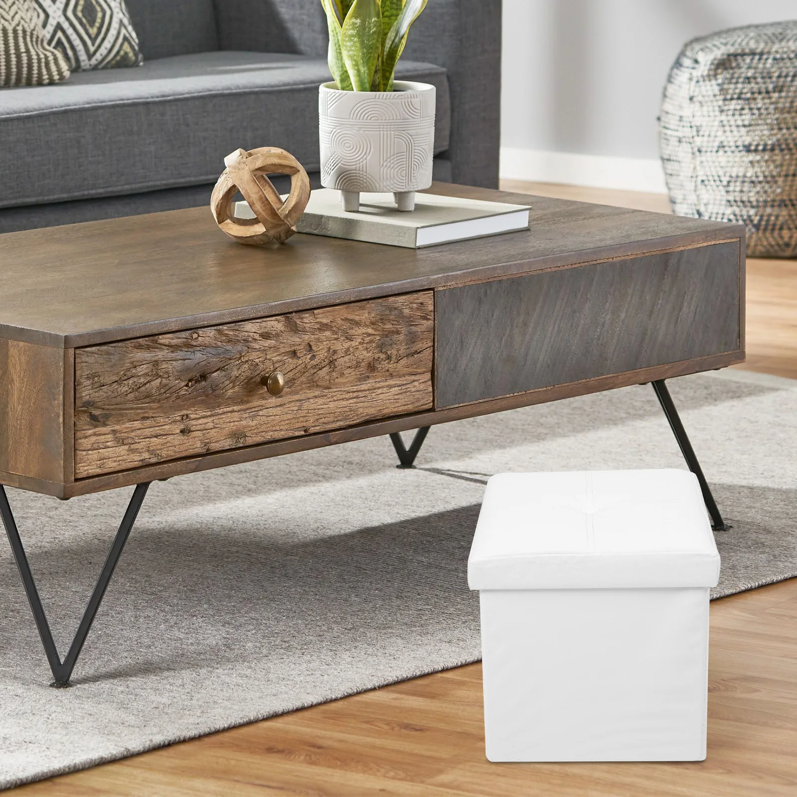 

Beige Folding Storage Cube Organizer 27L Clothes Books Box Lightweight Portable Footstool for Home Outdoor Use