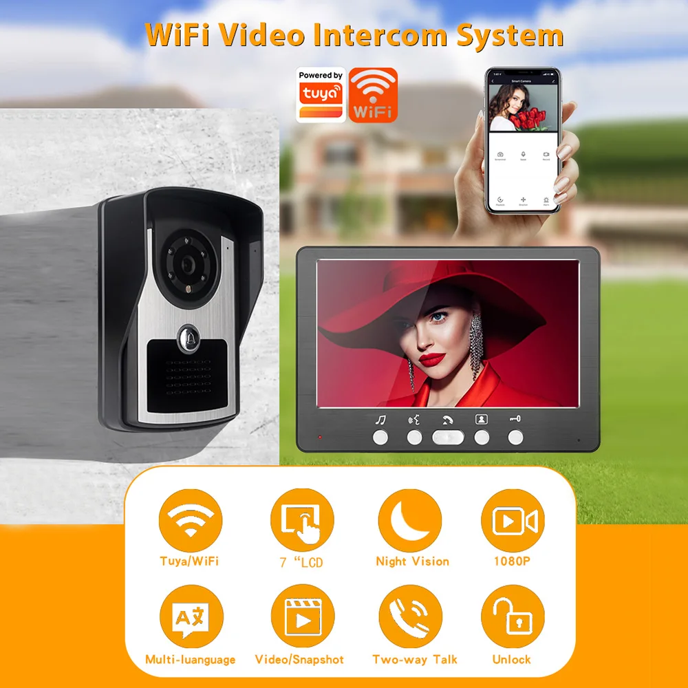 Smart WiFi Visual Doorbell Video Intercom Doorbell with Camera Video Doorbell 7 inch LCD Screen Support Remote Unlock TUYA APP