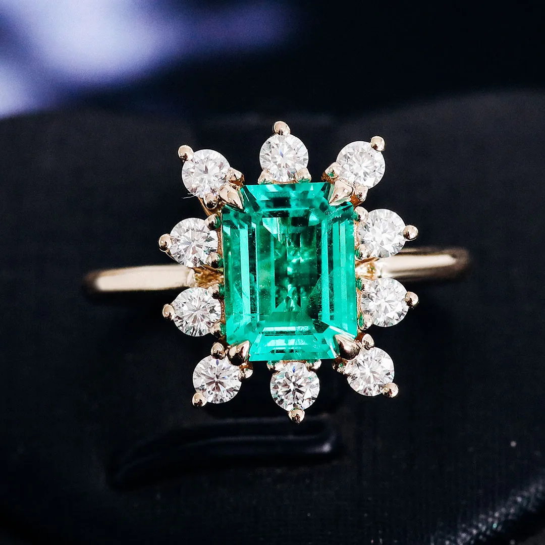 Cincin Pernikahan Mewah Provence 10K Emas Padat Potongan Zamrud Batu Permata Lab Hijau DEF/VS Pita Berlian Lab Kustom Dipersonalisasi