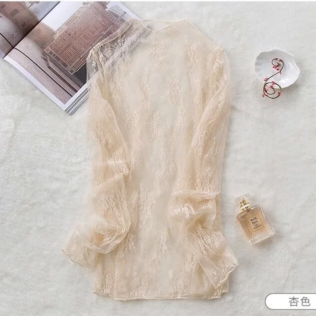 

New Women Lace Shirt Spring Autumn Sexy Mesh Shirts Lace-Collared Blouse Long Sleeve Bottoming Shirt Pullover Top