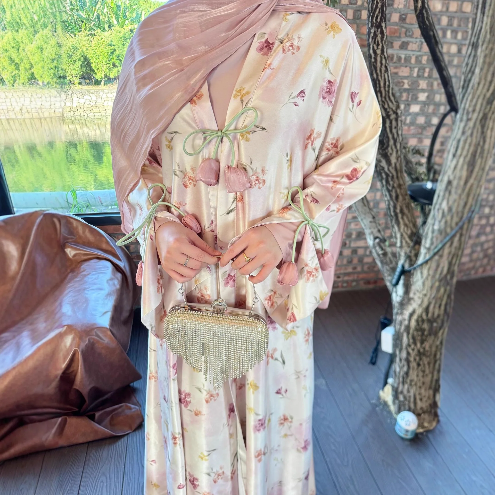 Eid Dress Women Abaya Muslim Lace-up Flower Kaftan Ramadan Party Dresses Vestidos Morocco Dubai Jalabiya Arab Robe Spring 2026