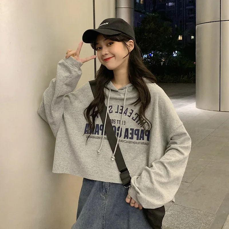 

Short Loose Fit Women's Sweatshirt Thin Spring Autumn Gray Student Trendy INS Korean Style Commute Vintage Long Sleeve Hoodie