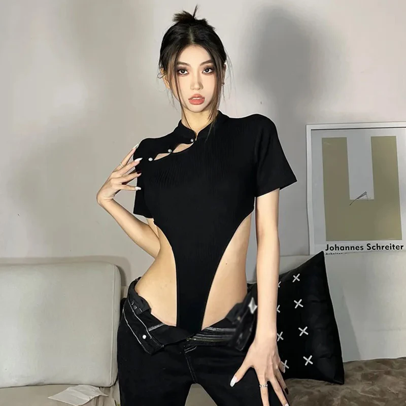 Hollow Out  Jumpsuit  Women Skinny Sexy Button Design Short Sleeve Chic  Stand Collar Hollow Waist Cut-Out Romper