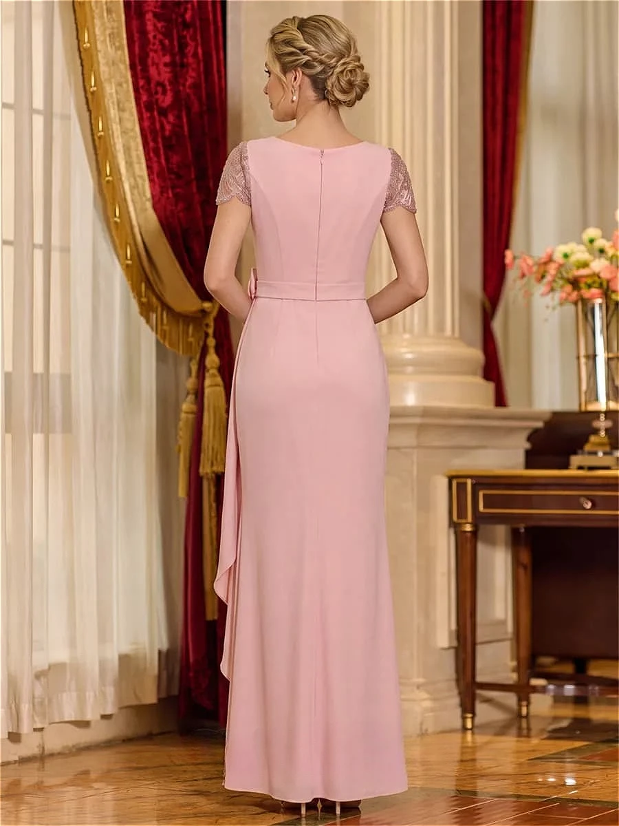 Customized Dusty Pink Mermaid Mother of Bride Dress Short Cap Sleeve Beaded 3D Floral Ruched High Split Formal Wedding Gown