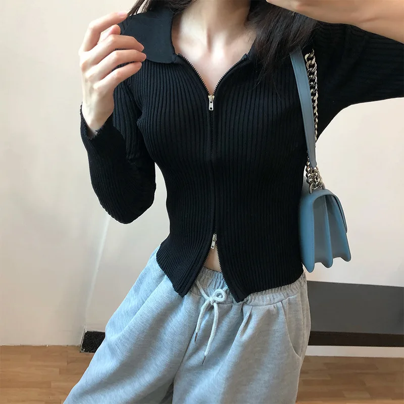 TVVOVVIN Fashion Fur Collar Long Sleeve Slim Knitted Cardigan Solid Color Screw Thread Open Navel Zipper Sweater Korean Khz3