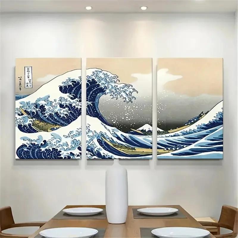 3PCS Japanese Ukiyo-e Wave Canvas Wall Art, The Great Wave Print, Vintage Oriental Home Wall Decor