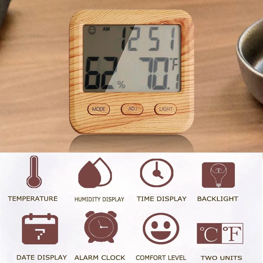 Digital Hygrometer Indoor Thermometer with Alarm Clock, Temperature Humidity Gauge for Home Office