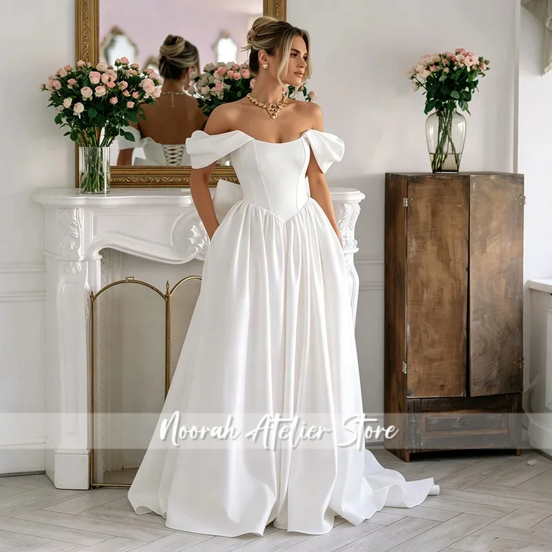 Customized Off Shoulder Neckline A-Line Wedding Dress Elegant Lace-up Back With Big Bow Floor Length Sweep Train Gown For Bride