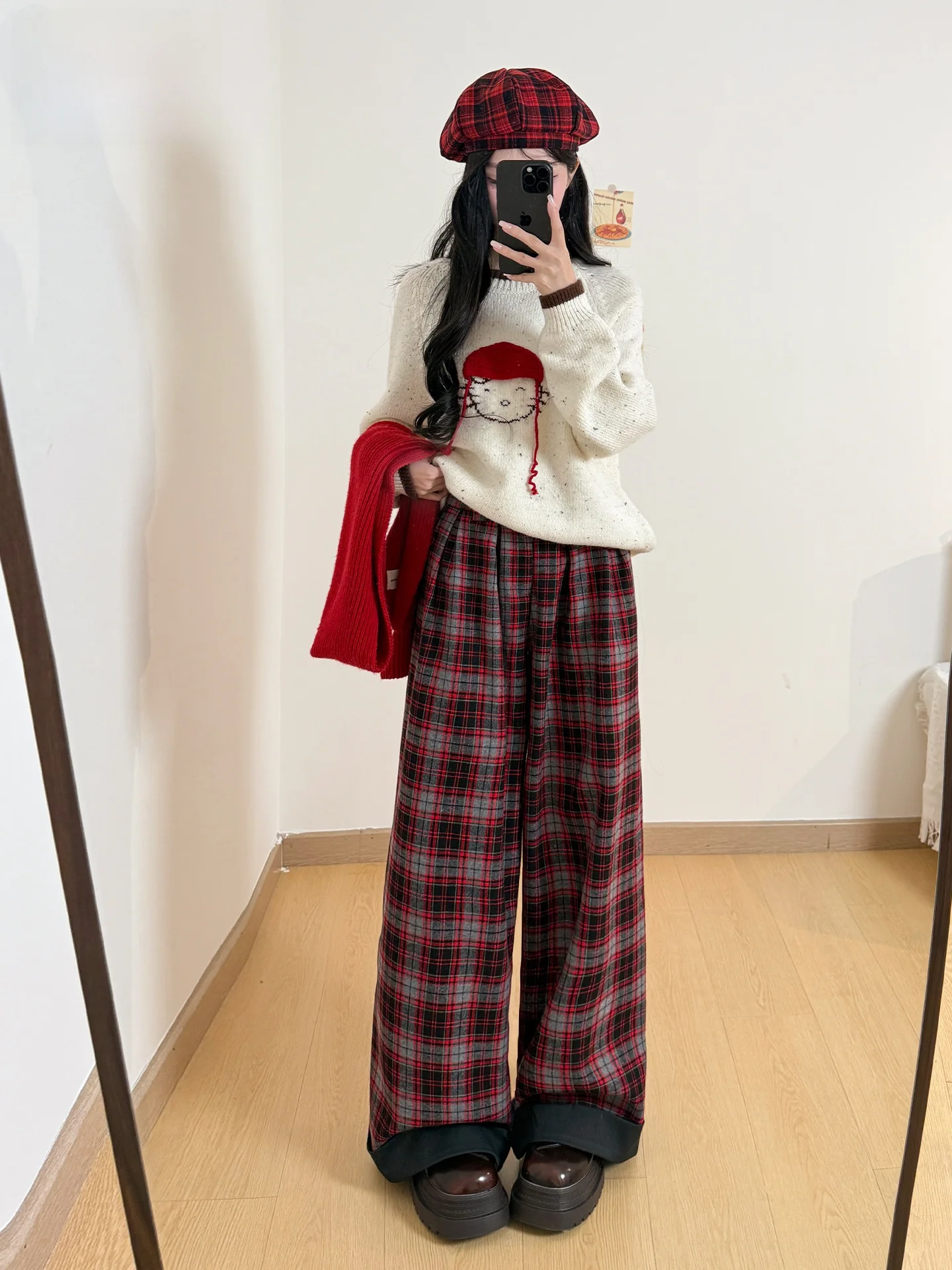 

Red Plaid Wide Leg Casual Pants Women's Loose Straight Loose Slimming Lazy Style High Waist Elastic Waistband Polyester Cotto...