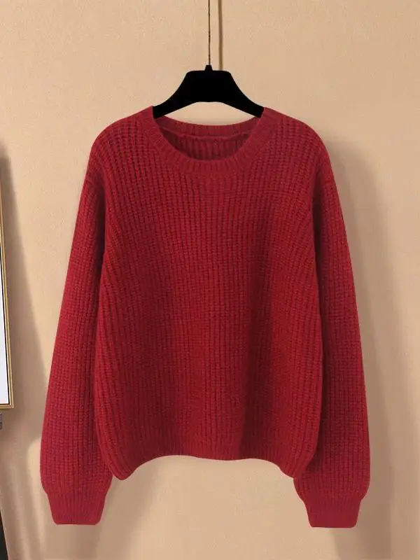 red-fce-lined-thiened-round-ne-knitted-sweater-loose-women's-hooded-jaet-autumn-winter-new-arrival-artistic-simplici